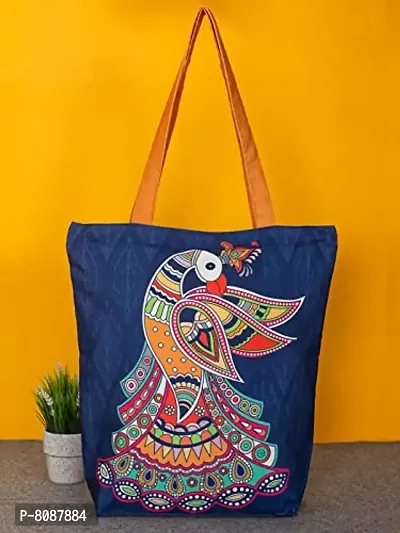 Tikuli Polyester Durable Canvas Large Size Printed Tote Bag for Women with ZIP (Navy Blue Orange)-thumb4