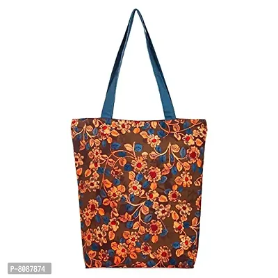 Tikuli Polyester Durable Canvas Large Size Printed Tote Bag for Women with ZIP (Brown)