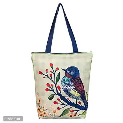 Tikuli Polyester Durable Canvas Large Size Printed Tote Bag for Women with ZIP (Beige Blue)
