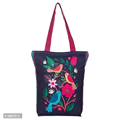 Tikuli Polyester Durable Canvas Large Size Printed Tote Bag for Women with ZIP (Navy Blue Red)