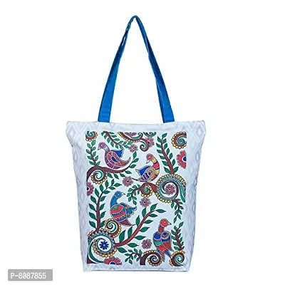 Tikuli Polyester Durable Canvas Large Size Printed Tote Bag for Women with ZIP (Blue Multi)-thumb0