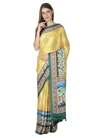 TIKULI Women's Satin Gorgette Saree With Digital Print Work with Tassels and Unstitched Blouse Piece (Lemon Yellow)