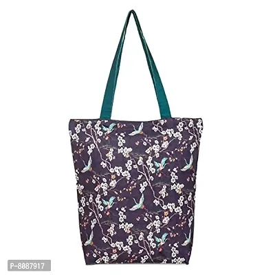 Tikuli Polyester Durable Canvas Large Size Printed Tote Bag for Women with ZIP (Purple Multi)