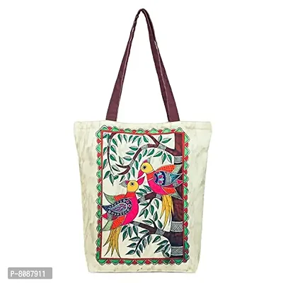 Tikuli Polyester Durable Canvas Large Size Printed Tote Bag for Women with ZIP (Beige-Multicolor)