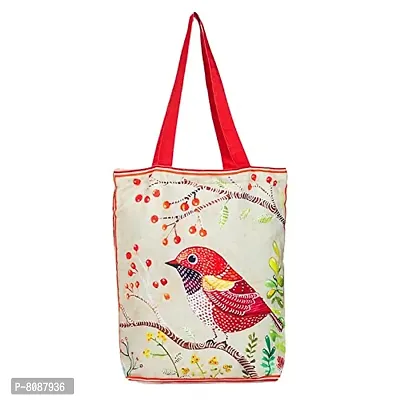 Tikuli Polyester Durable Canvas Large Size Printed Tote Bag for Women with ZIP (Red Multi-2)