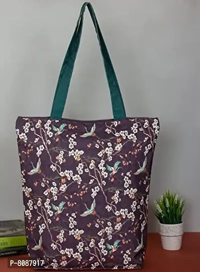 Tikuli Polyester Durable Canvas Large Size Printed Tote Bag for Women with ZIP (Purple Multi)-thumb4