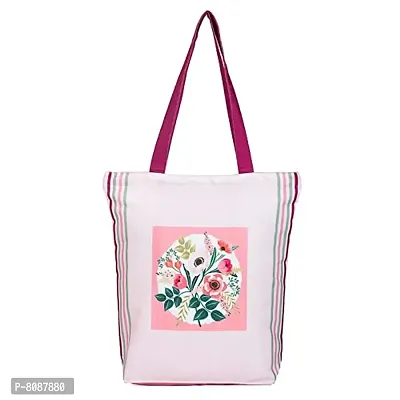 Tikuli Polyester Durable Canvas Large Size Printed Tote Bag for Women with ZIP (Pink Multi)