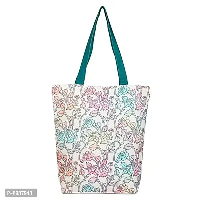 Tikuli Polyester Durable Canvas Large Size Printed Tote Bag for Women with ZIP (Beige Multi -3)