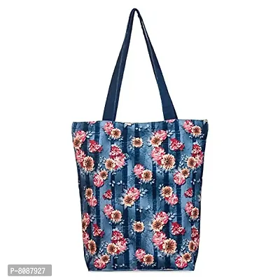 Tikuli Polyester Durable Canvas Large Size Printed Tote Bag for Women with ZIP (Navy Blue)