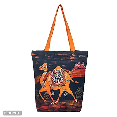 Tikuli Polyester Durable Canvas Large Size Printed Tote Bag for Women with ZIP (Navy Blue Orange - 2)