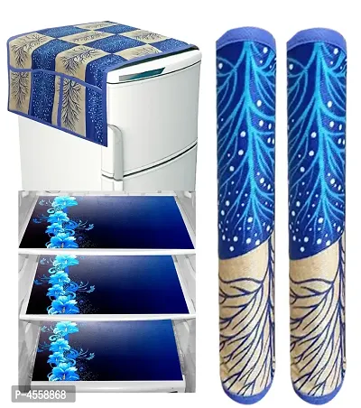 Groki Polyester Combo of Fridge Top Cover, 2 Fridge Handle Covers + 3 Fridge Mats (6 Piece Set)- Blue-thumb0