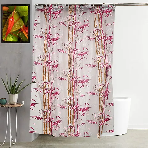 Premium Bamboo Design PVC Shower Curtain with 8 Hooks 7ft  (54in x 84in, Pink)