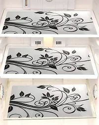 Premium Cotton PVC Leaf Printed Combo Fridge Top Cover and 2 Handle Cover with 3 Fridge Mats (Black, 6 Piece set)-thumb2