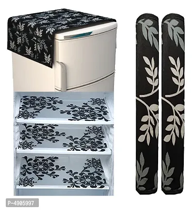 Premium Cotton PVC Leaf Printed Combo Fridge Top Cover and 2 Handle Cover with 3 Fridge Mats (Black, 6 Piece set)