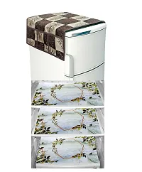 Premium Cotton PVC Tree Printed Combo Fridge Top Cover and 2 Handle Cover with 3 Fridge Mats (Brown, 6 Piece set)-thumb1