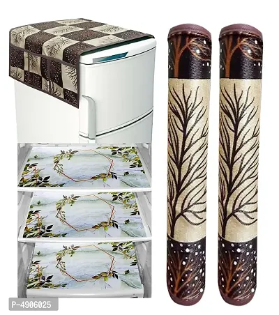 Premium Cotton PVC Tree Printed Combo Fridge Top Cover and 2 Handle Cover with 3 Fridge Mats (Brown, 6 Piece set)-thumb0