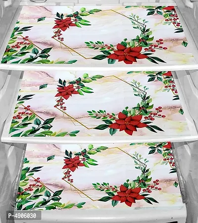 Premium Cotton PVC Tree Printed Combo Fridge Top Cover and 2 Handle Cover with 3 Fridge Mats (Red, 6 Piece set)-thumb2