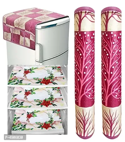 Premium Cotton PVC Tree Printed Combo Fridge Top Cover and 2 Handle Cover with 3 Fridge Mats (Red, 6 Piece set)-thumb0