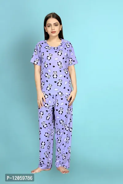 Stylish Polycotton Purple Printed Nightwear Top And Pajama Set For Women- Pack Of 1