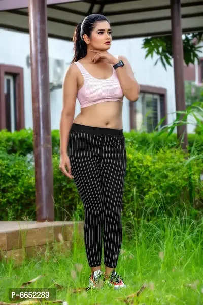 Stylish Cotton Blend Black Striped Slim Fit Lounge Pant For Women