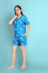 Night Suits For Women ||Stylish Blue Polycotton Printed Lounge Top with Shorts And Bottom Set For Women-thumb1