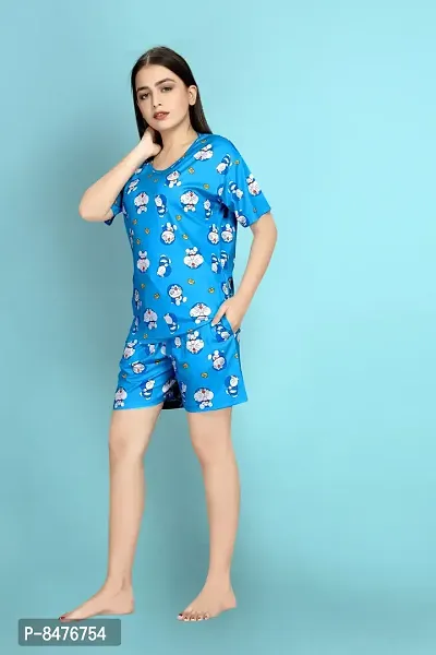 Night Suits For Women ||Stylish Blue Polycotton Printed Lounge Top with Shorts And Bottom Set For Women-thumb2