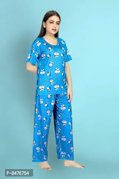 Night Suits For Women ||Stylish Blue Polycotton Printed Lounge Top with Shorts And Bottom Set For Women-thumb4