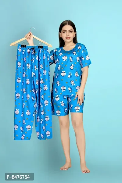 Night Suits For Women ||Stylish Blue Polycotton Printed Lounge Top with Shorts And Bottom Set For Women-thumb0