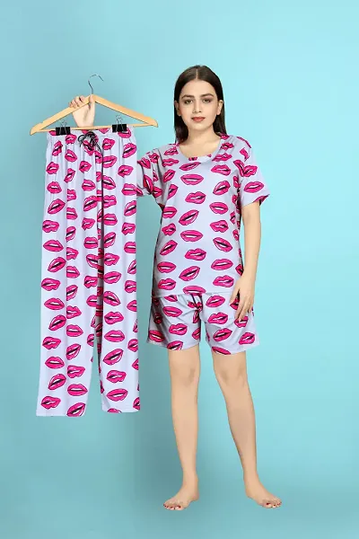 Nightsuits For Women Stylish Printed Lounge Top with Shorts And Bottom Set For Women/Top Bottom Set