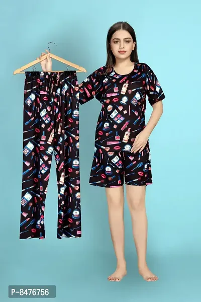 Stylish Black Polycotton Printed Lounge Top with Shorts And Bottom Set For Women