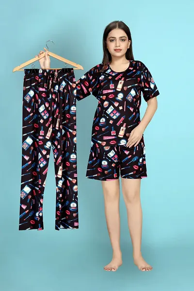 Stylish Black Polycotton Printed Lounge Top with Shorts And Bottom Set For Women