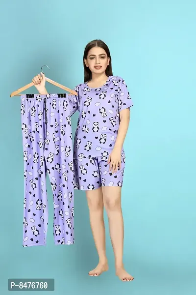 Stylish Purple Polycotton Printed Lounge Top with Shorts And Bottom Set For Women