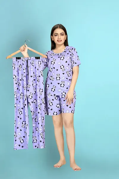 Nightsuits For Women Stylish Printed Lounge Top with Shorts And Bottom Set For Women(3 Pc Set)
