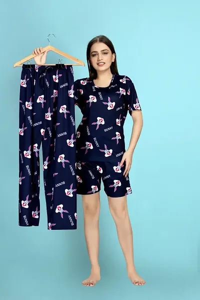 Nightsuits For Women Stylish Printed Lounge Top with Shorts And Bottom Set For Women/Top Bottom Set