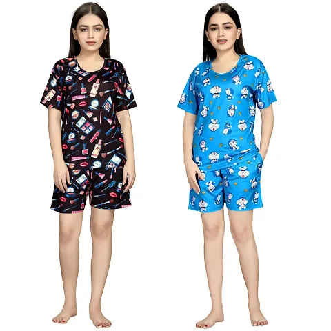 Printed Night Wear Top With Shorts Set- Pack Of 2(Nightsuit For Women)