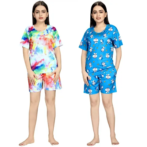 Printed Night Wear Top With Shorts Set- Pack Of 2(Nightsuit For Women)