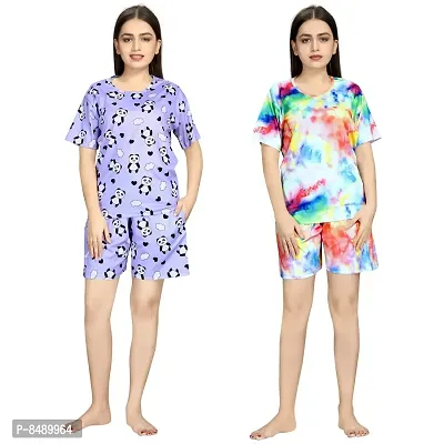 Multicoloured Polycotton Printed Night Wear Top With Shorts Set- Pack Of 2-thumb0