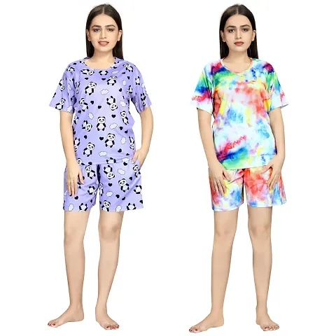 Fancy Printed Night Wear Top With Shorts Set - Pack Of 2