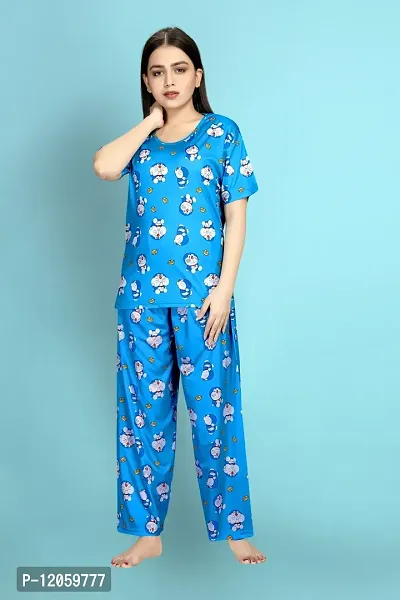 Stylish Polycotton Blue Printed Nightwear Top And Pajama Set For Women- Pack Of 1