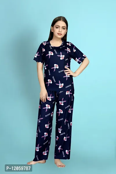 Stylish Polycotton Navy Blue Printed Nightwear Top And Pajama Set For Women- Pack Of 1