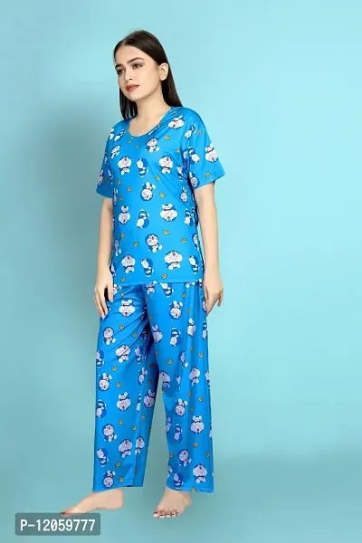 Stylish Polycotton Blue Printed Nightwear Top And Pajama Set For Women- Pack Of 1-thumb3