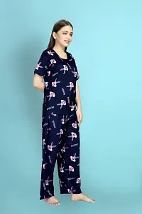 Stylish Polycotton Navy Blue Printed Nightwear Top And Pajama Set For Women- Pack Of 1-thumb1