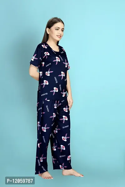 Stylish Polycotton Navy Blue Printed Nightwear Top And Pajama Set For Women- Pack Of 1-thumb2