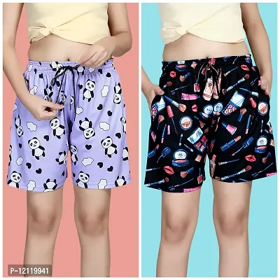 Stylish Fancy Polycotton Printed Shorts Combo For Women Pack Of 2-thumb0