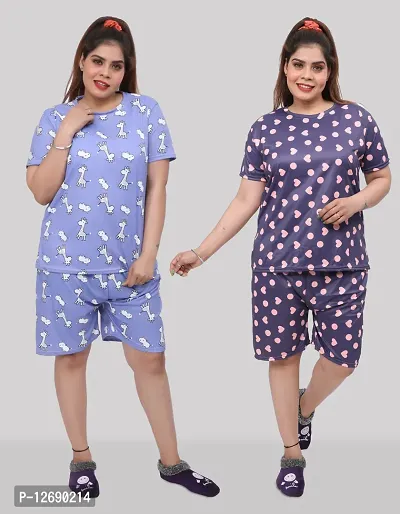 Trendy Fashionable Printed Polycotton T-Shirt And Shorts Set For Women Pack of 2