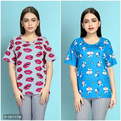 Stylish Printed Night T-Shirt for Women Pack of 2-thumb0