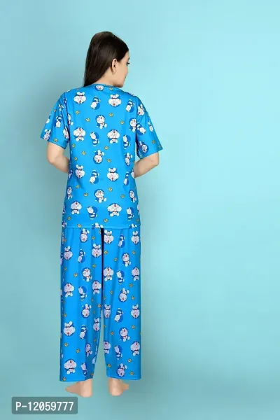 Stylish Polycotton Blue Printed Nightwear Top And Pajama Set For Women- Pack Of 1-thumb2