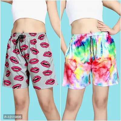 Stylish Fancy Polycotton Printed Shorts Combo For Women Pack Of 2-thumb0