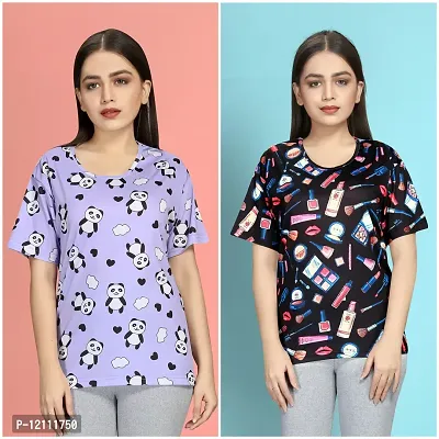 Stylish Printed Night T-Shirt for Women Pack of 2-thumb0