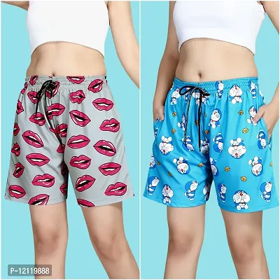 Stylish Fancy Polycotton Printed Shorts Combo For Women Pack Of 2